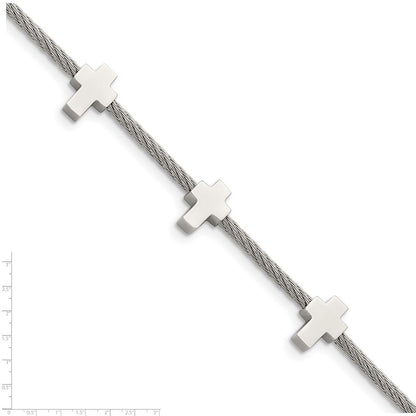 Stainless Steel Chisel Polished Crosses On Twisted Wire 7.5 Inch Bracelet With .75 Extension