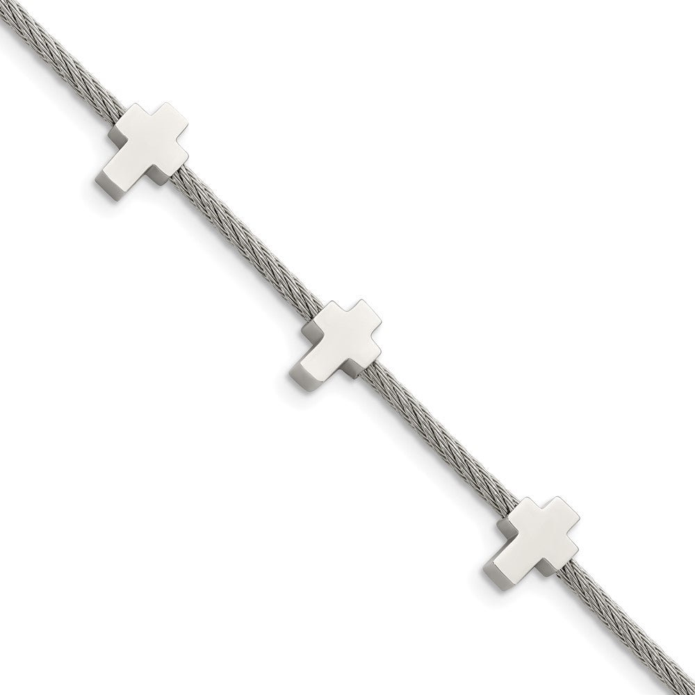 Stainless Steel Chisel Polished Crosses On Twisted Wire 7.5 Inch Bracelet With .75 Extension