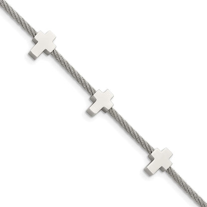Stainless Steel Chisel Polished Crosses On Twisted Wire 7.5 Inch Bracelet With .75 Extension