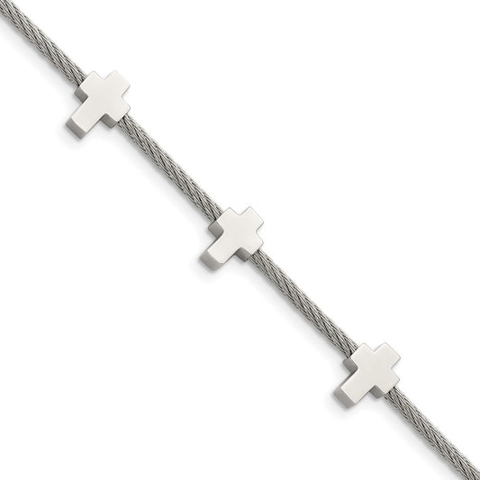Stainless Steel Chisel Polished Crosses On Twisted Wire 7.5 Inch Bracelet With .75 Extension