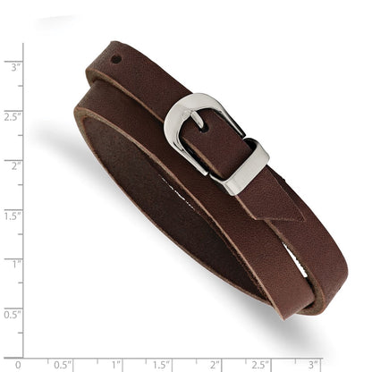 Stainless Steel Chisel Polished Brown Leather 8.5 Inch Adjustable Wrap Bracelet