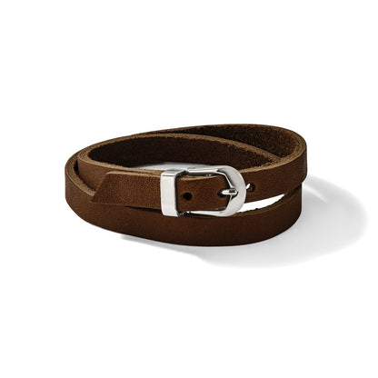 Stainless Steel Chisel Polished Brown Leather 8.5 Inch Adjustable Wrap Bracelet