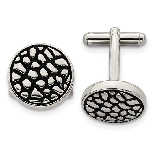 Stainless Steel Antiqued Polished And Textured Circle Cufflinks