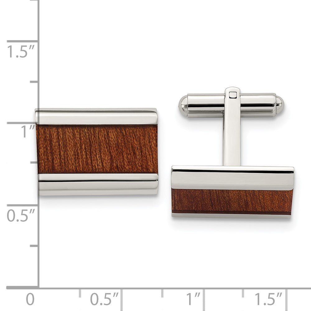 Stainless Steel Chisel Polished Light Brown Koa Wood Inlay Rectangle Cufflinks