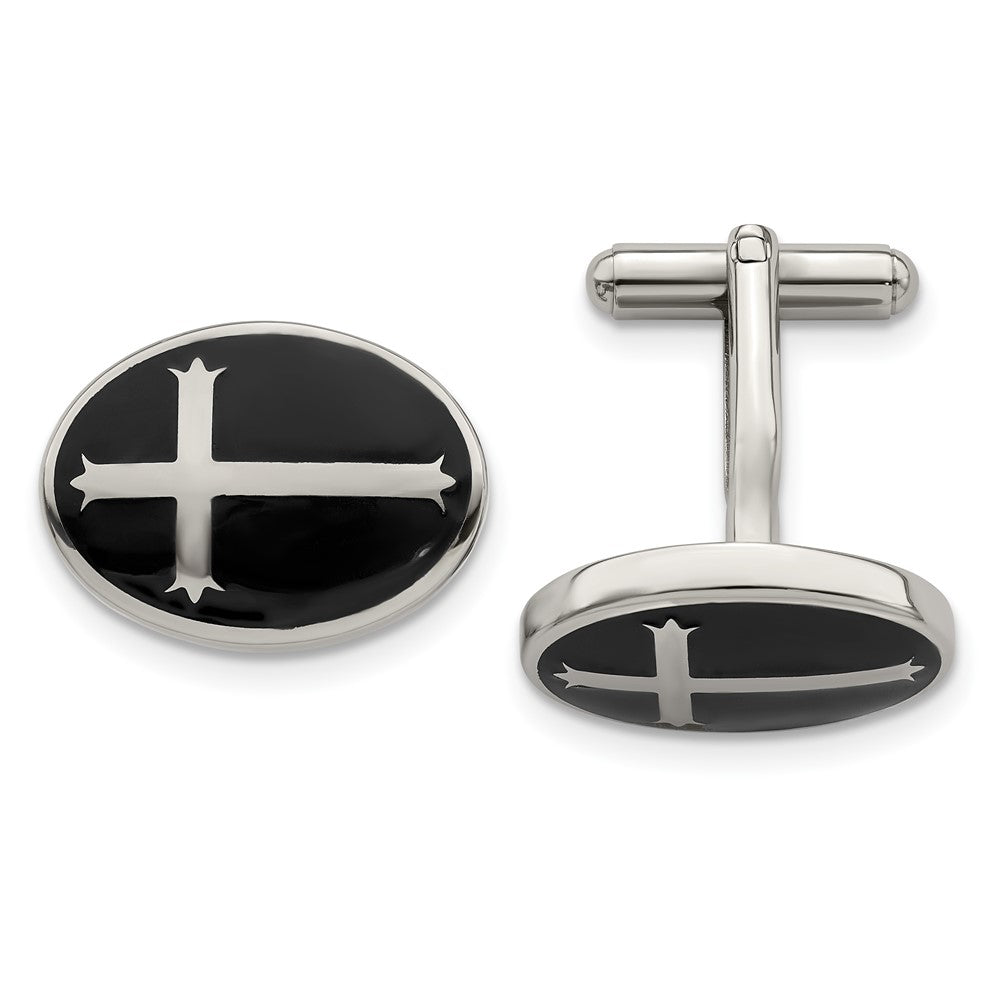 Stainless Steel Chisel Polished Enameled Cross Circle Cufflinks