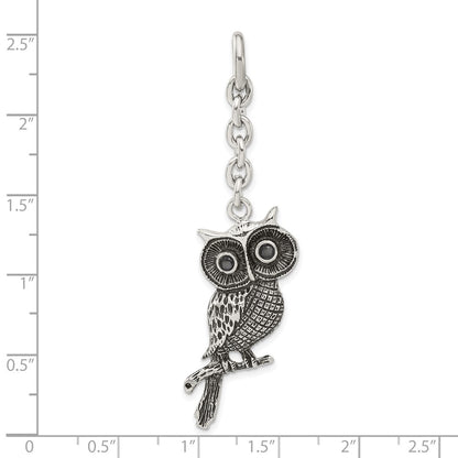Stainless Steel Antiqued Owl W/ Cz Interchangeable Charm Pendant