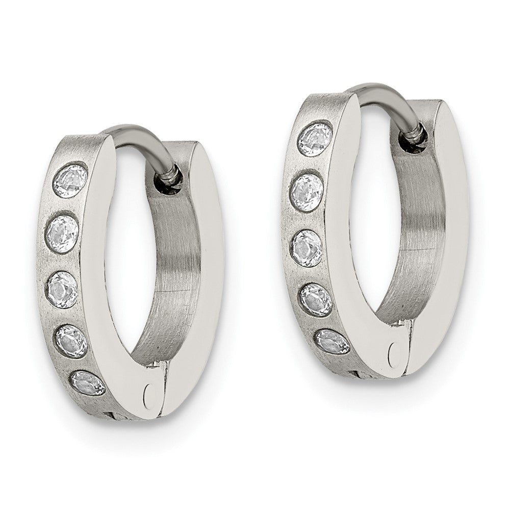 Stainless Steel Chisel Brushed And Polished With Cz 2mm Hinged Hoop Earrings