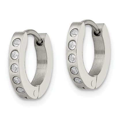 Stainless Steel Chisel Brushed And Polished With Cz 2mm Hinged Hoop Earrings