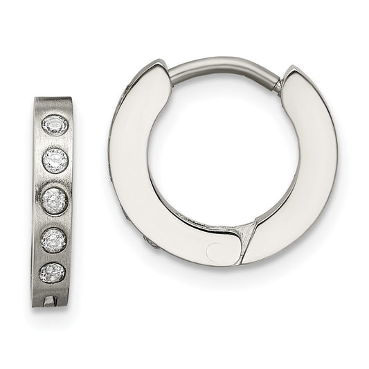 Stainless Steel Chisel Brushed And Polished With Cz 2mm Hinged Hoop Earrings