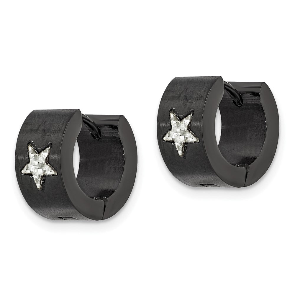 Stainless Steel Chisel Brushed Black Ip-Plated With Grey Carbon Fiber Star Hinged Hoop Earrings