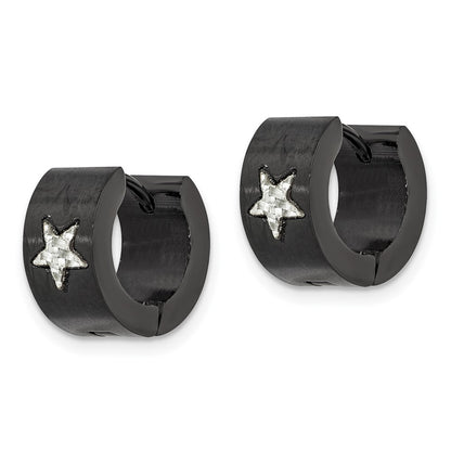 Stainless Steel Chisel Brushed Black Ip-Plated With Grey Carbon Fiber Star Hinged Hoop Earrings