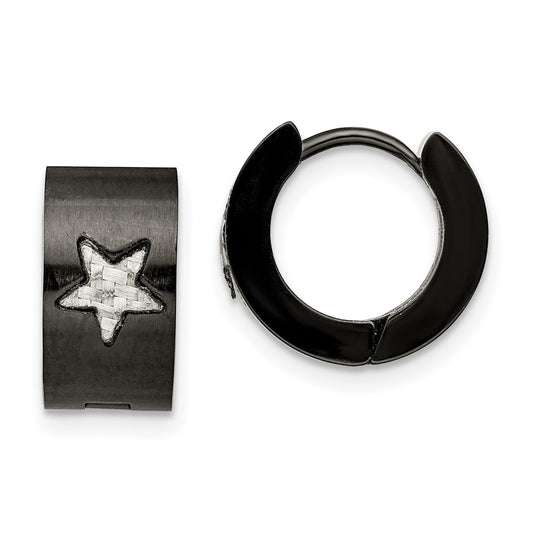 Stainless Steel Chisel Brushed Black Ip-Plated With Grey Carbon Fiber Star Hinged Hoop Earrings