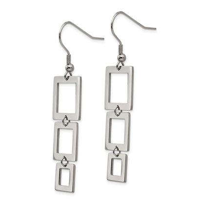 Stainless Steel Chisel Polished Squares Dangle Shepherd Hook Earrings