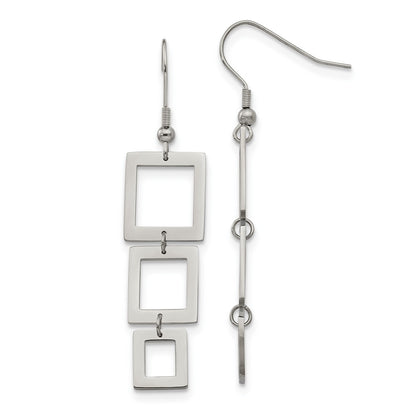 Stainless Steel Chisel Polished Squares Dangle Shepherd Hook Earrings