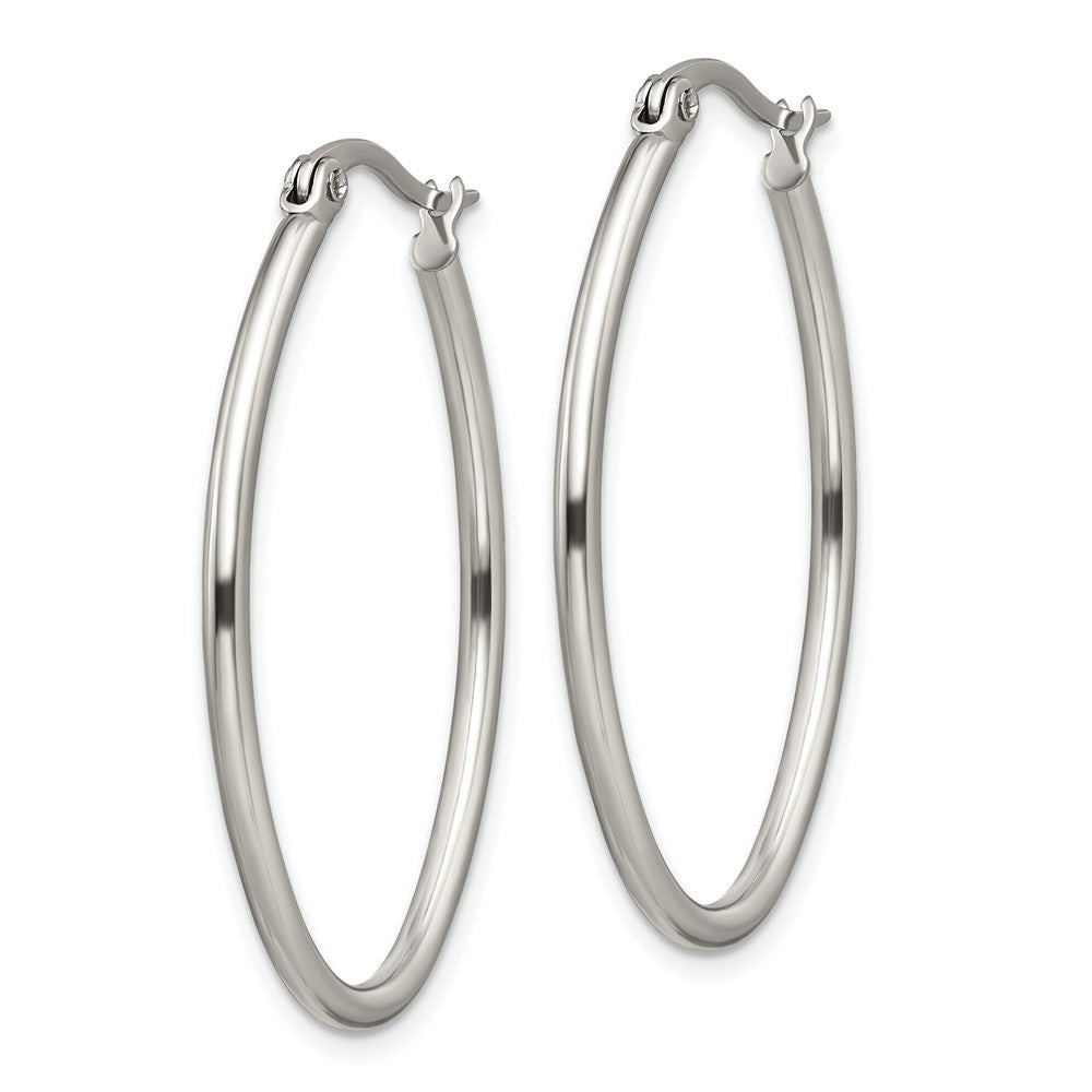 Stainless Steel Chisel Polished 25mm Diameter 2mm Oval Hoop Earrings