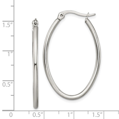 Stainless Steel Chisel Polished 25mm Diameter 2mm Oval Hoop Earrings
