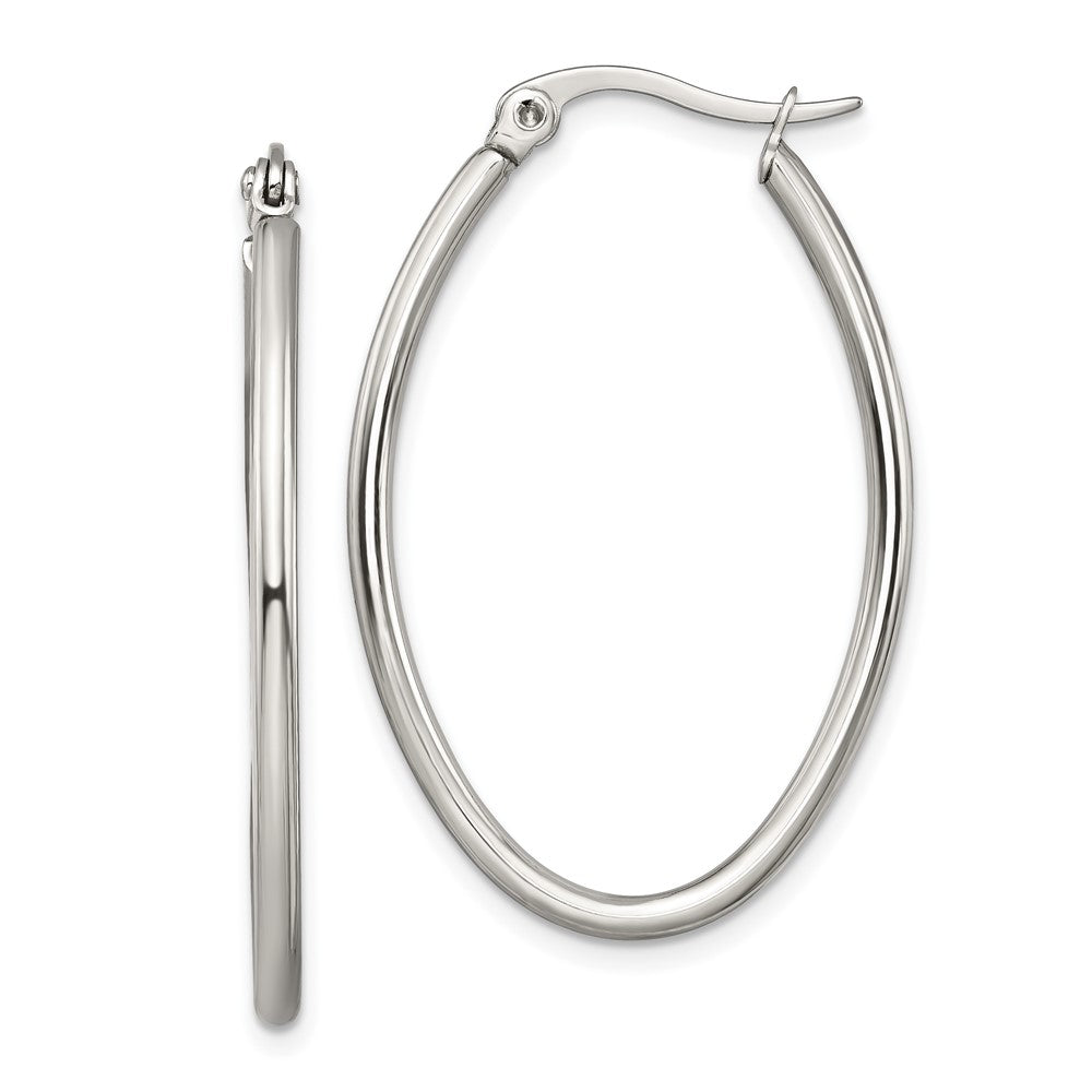 Stainless Steel Chisel Polished 25mm Diameter 2mm Oval Hoop Earrings