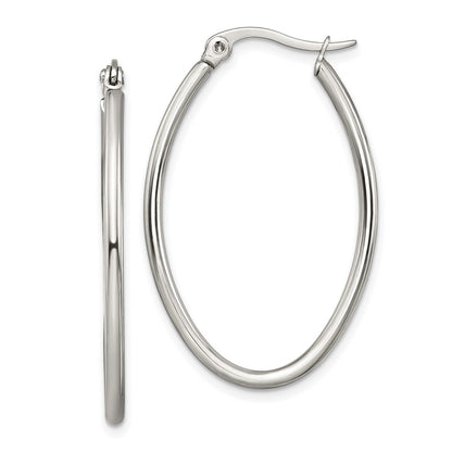 Stainless Steel Chisel Polished 25mm Diameter 2mm Oval Hoop Earrings