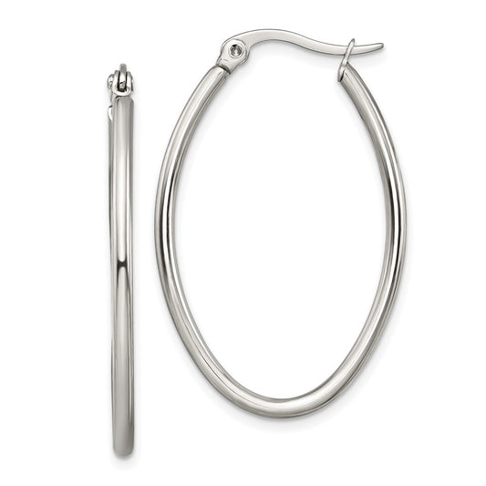 Stainless Steel Chisel Polished 25mm Diameter 2mm Oval Hoop Earrings