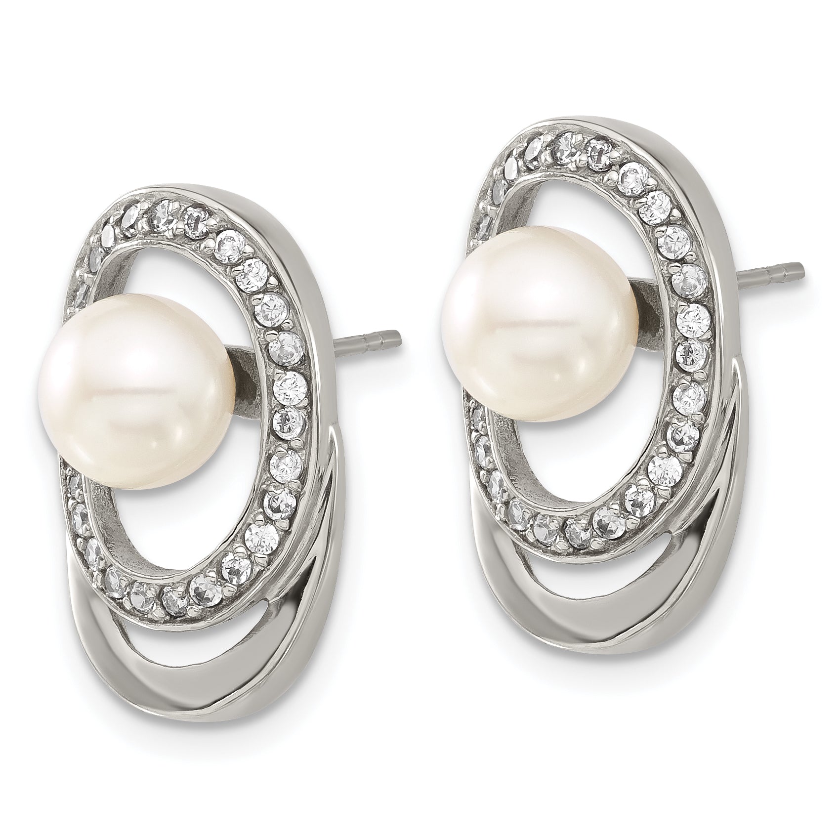 Stainless Steel Simulated Pearl & Cz Oval Earrings