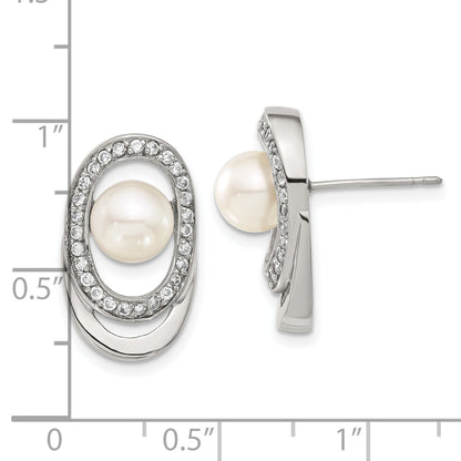 Stainless Steel Simulated Pearl & Cz Oval Earrings