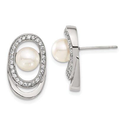 Stainless Steel Simulated Pearl & Cz Oval Earrings