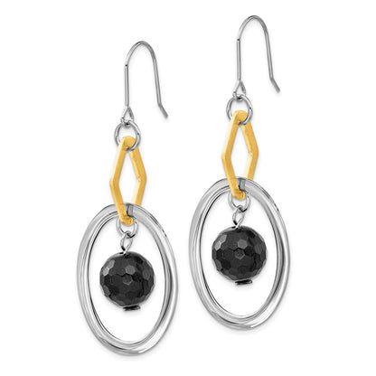 Stainless Steel & Yellow Ip-Plated Polished Brushed Onyx Dangle Earrings