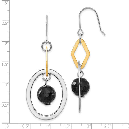 Stainless Steel & Yellow Ip-Plated Polished Brushed Onyx Dangle Earrings