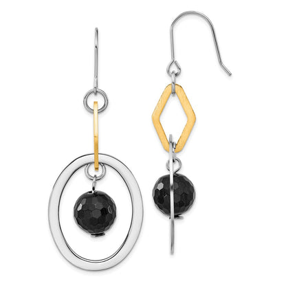 Stainless Steel & Yellow Ip-Plated Polished Brushed Onyx Dangle Earrings