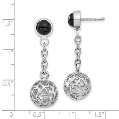 Stainless Steel Heart Cutouts Puffed Circle W/ Onyx Post Dangle Earrings