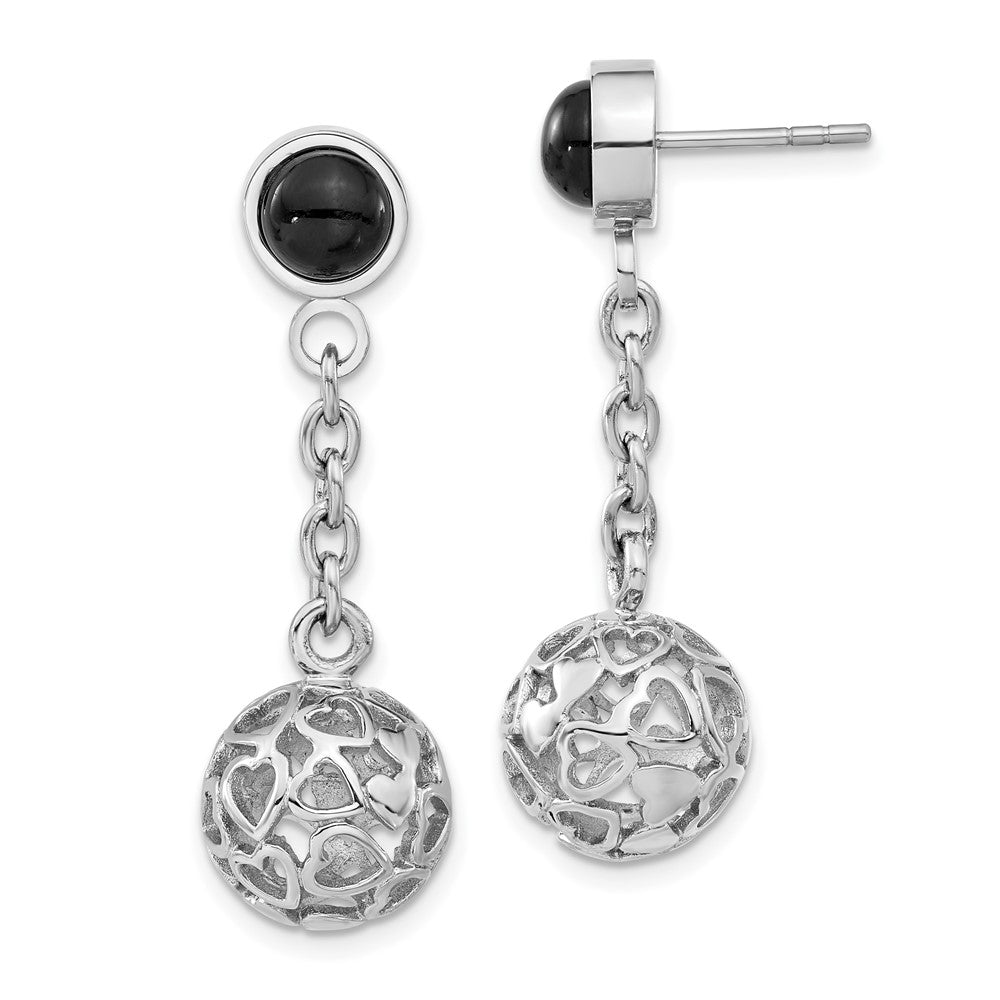 Stainless Steel Heart Cutouts Puffed Circle W/ Onyx Post Dangle Earrings