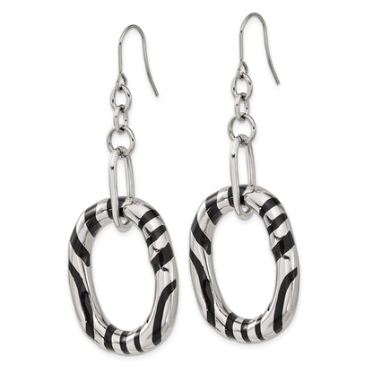 Stainless Steel Black Enamel Striped Oval Dangle Earrings