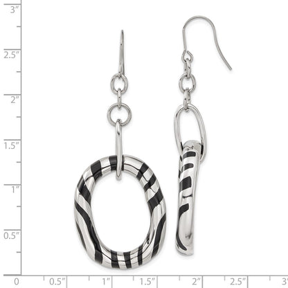 Stainless Steel Black Enamel Striped Oval Dangle Earrings