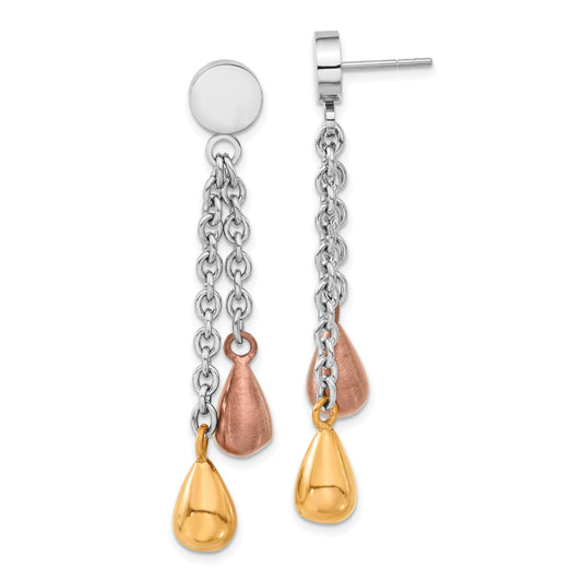 Stainless Steel Rose & Brown Ip-Plated Teardrops Post Dangle Earrings