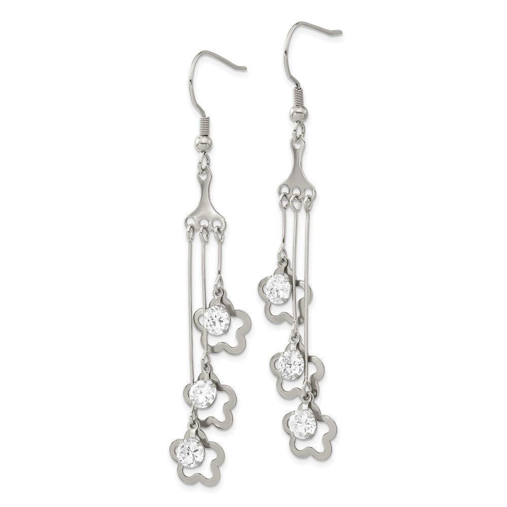Stainless Steel W/ Cz Flower Dangle Earrings