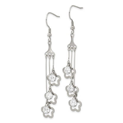 Stainless Steel W/ Cz Flower Dangle Earrings