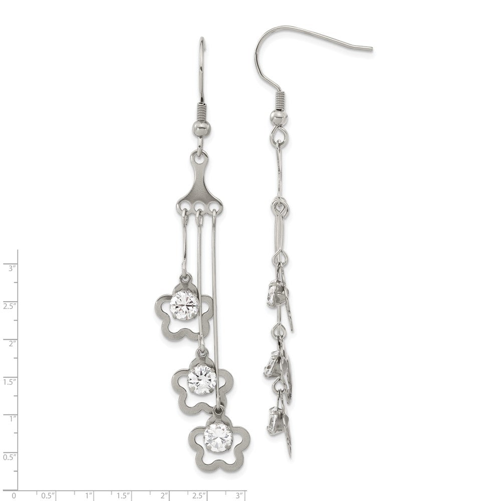 Stainless Steel W/ Cz Flower Dangle Earrings