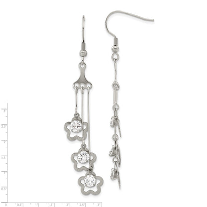 Stainless Steel W/ Cz Flower Dangle Earrings