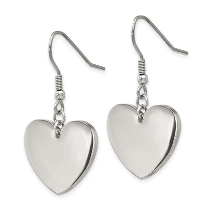Stainless Steel Chisel Polished Heart Dangle Shepherd Hook Earrings