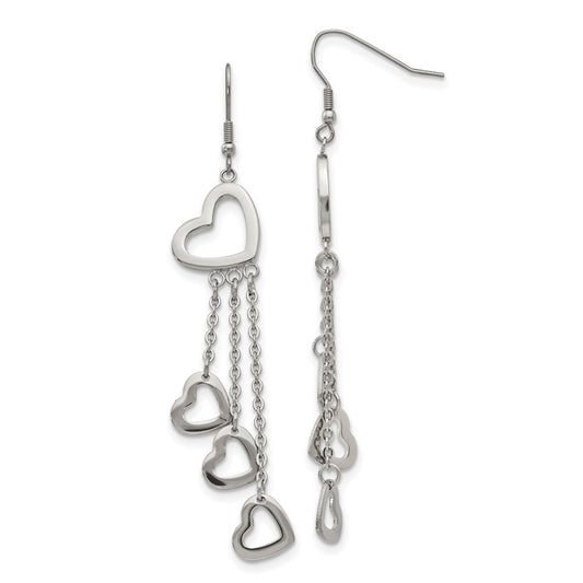 Stainless Steel Chisel Polished Hearts Dangle Shepherd Hook Earrings