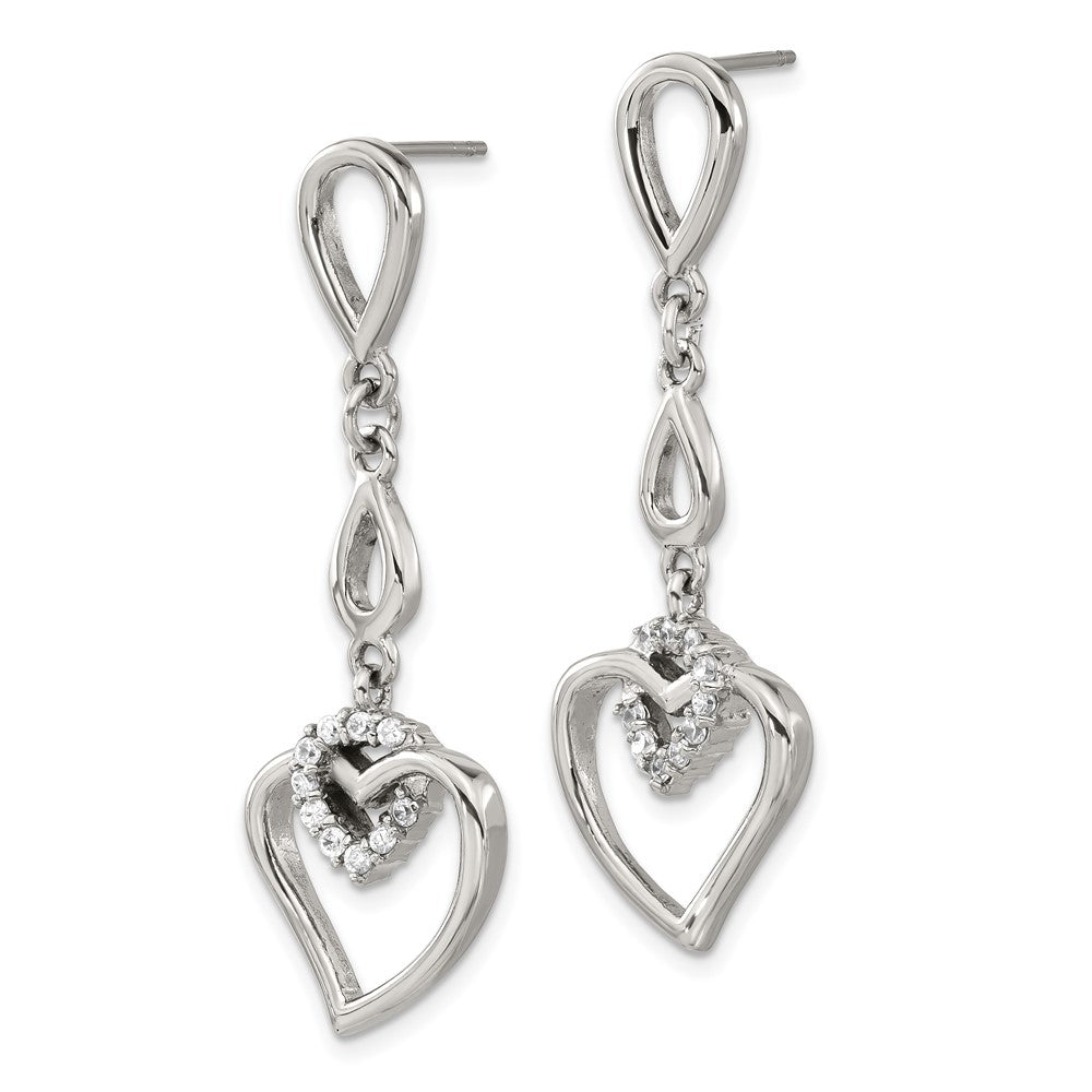 Stainless Steel Heart W/Cz Post Dangle Earrings