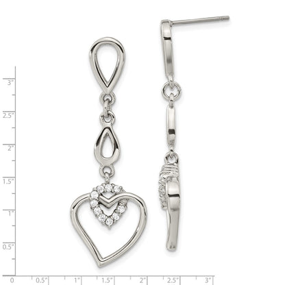Stainless Steel Heart W/Cz Post Dangle Earrings