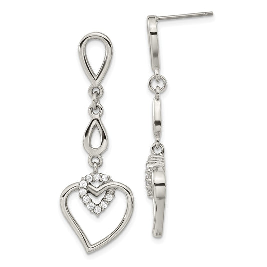 Stainless Steel Heart W/Cz Post Dangle Earrings