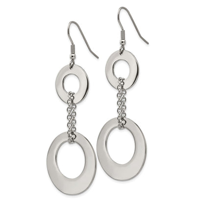 Stainless Steel Chisel Polished Circles Dangle Shepherd Hook Earrings