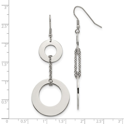 Stainless Steel Chisel Polished Circles Dangle Shepherd Hook Earrings