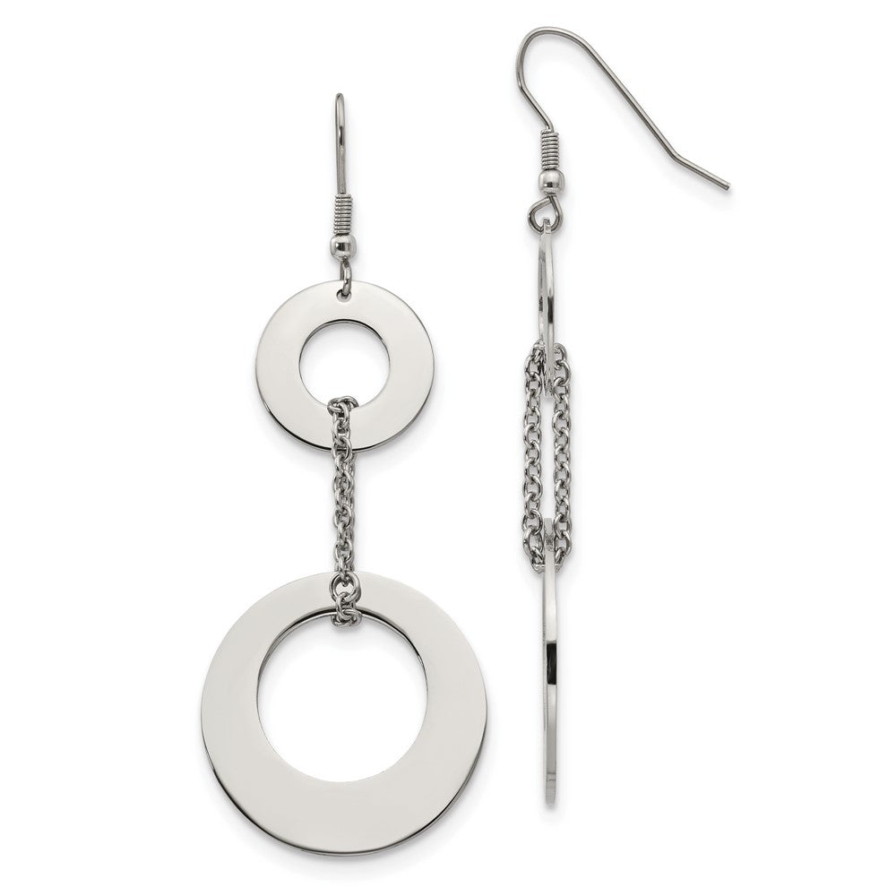 Stainless Steel Chisel Polished Circles Dangle Shepherd Hook Earrings