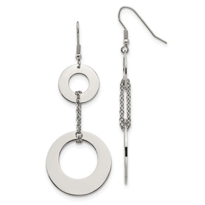 Stainless Steel Chisel Polished Circles Dangle Shepherd Hook Earrings