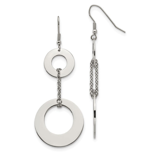 Stainless Steel Chisel Polished Circles Dangle Shepherd Hook Earrings