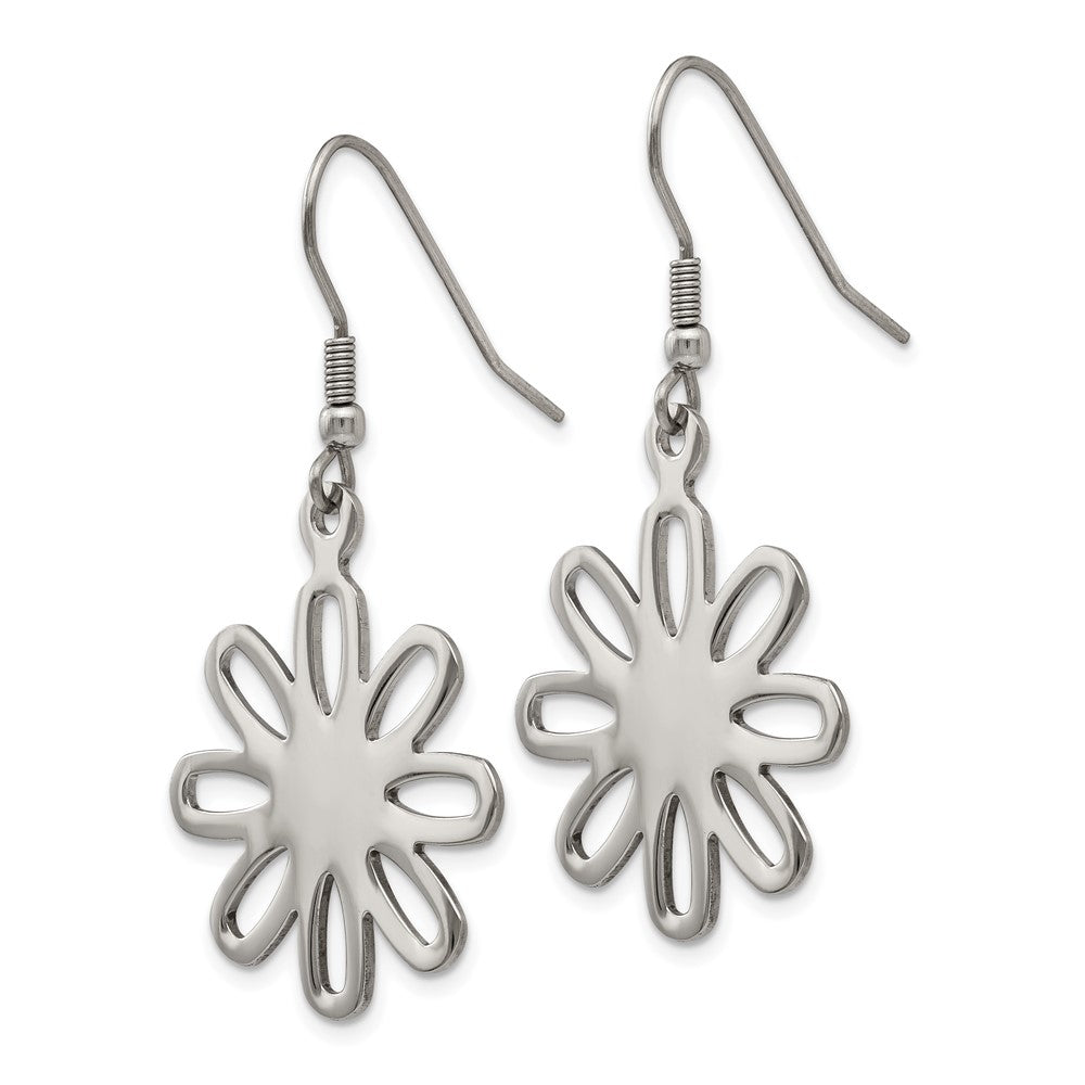 Stainless Steel Chisel Polished Large Flower Dangle Shepherd Hook Earrings