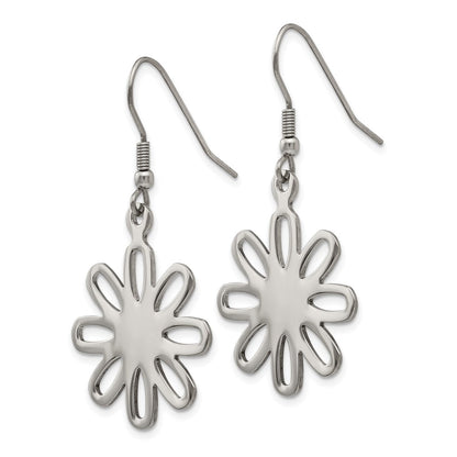 Stainless Steel Chisel Polished Large Flower Dangle Shepherd Hook Earrings